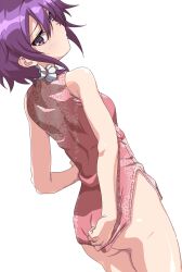  1girl arm_behind_back ass ass_peek assault_lily bare_arms bare_shoulders blush braid breasts china_dress chinese_clothes closed_mouth commentary cowboy_shot dress dress_tug dutch_angle floral_print frilled_hair_tubes frills from_behind gluteal_fold hair_between_eyes hair_over_shoulder hair_tubes hand_up long_hair looking_at_self looking_back looking_down mototenn pink_dress print_dress purple_dress purple_eyes purple_hair short_dress side_slit simple_background sleeveless sleeveless_dress small_breasts solo standing wang_lifen white_background 