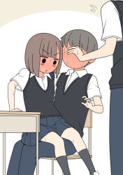  1girl 2boys black_socks blush chestnut_mouth collared_shirt faceless faceless_male flying_sweatdrops full-face_blush hetero implied_erection juukyuu multiple_boys no_mouth original school_uniform shirt sitting sitting_on_lap sitting_on_person skirt socks sweatdrop white_shirt  rating:Sensitive score:40 user:danbooru
