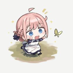  1girl :d :o ahoge apron black_bow black_dress black_gloves black_jacket black_ribbon black_shoes black_skirt blue_butterfly blue_dress blue_eyes blush blush_stickers boots bow braid breasts brown_hair bug butterfly butterfly_hair_ornament chibi closed_mouth collared_shirt dress flower frills full_body gloves grass grey_background hair_between_eyes hair_bow hair_bun hair_ornament hair_ribbon hand_up hands_up hepari highres holding insect jacket long_hair long_sleeves looking_at_viewer luise_(hepari) medium_breasts open_clothes open_mouth original outdoors pantyhose parted_lips pink_hair pleated_skirt princess_blitz puffy_long_sleeves puffy_sleeves purple_eyes ribbon shadow shirt shoes short_hair short_sleeves sidelocks simple_background single_braid single_hair_bun sitting skirt sleeves_past_fingers sleeves_past_wrists smile solo sparkle standing star_(symbol) tears teeth thighhighs twin_braids upper_teeth_only v-shaped_eyebrows very_long_hair white_apron white_background white_dress white_shirt white_thighhighs wide_sleeves  rating:General score:4 user:floretto00