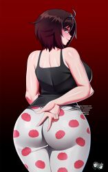  1girl ass bare_shoulders black_hair blush breasts come_hither cowboy_shot from_behind gradient_background gradient_hair grey_eyes highres huge_ass huge_breasts jadenkaiba large_breasts looking_at_viewer looking_back multicolored_hair pajamas red_hair ruby_rose rwby seductive_gaze seductive_smile shiny_skin short_hair smile solo standing tank_top  rating:Sensitive score:66 user:danbooru