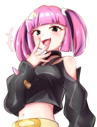  1girl bare_shoulders black_hair black_shirt blush clothing_cutout coral_(pokemon) cropped_shirt dot_nose eyelashes fang female_focus fingernails from_below hand_up kusogaki laughing long_sleeves looking_at_viewer looking_down medium_hair midriff multicolored_hair nail_polish navel nintendo open_mouth petite pink_hair pink_nails pokemon pokemon_(anime) pokemon_horizons saratto_2zyo shirt shoulder_cutout simple_background smile smug solo streaked_hair tongue two-tone_hair white_background 
