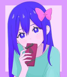  1girl aqua_shirt aubrey_(headspace)_(omori) aubrey_(omori) blush border bow box brown_bow commentary_request covered_mouth double-parted_bangs hair_between_eyes hair_bow hand_up heart heart-shaped_pupils highres holding holding_box long_hair looking_ahead looking_up momokan6464 omori outside_border pink_bow purple_border purple_eyes purple_hair retro_artstyle shirt short_sleeves sidelocks simple_background solo straight_hair symbol-shaped_pupils t-shirt upper_body white_background 