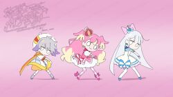  1boy 2girls :3 antenna_hair bare_shoulders beret blonde_hair blue_crown blue_shoes blue_sleeves blunt_bangs blunt_ends boots bow bow_earrings bow_legwear bowtie buttons cape chibi closed_mouth clothing_cutout colored_tips commentary_request crown crown_earrings cure_nyammy cure_wonderful dancing dress dress_bow earrings expressionless flat_color frilled_arm_warmers frilled_dress frilled_sleeves frilled_wrist_cuffs frills gloves gradient_background grey_boots grey_hair hair_between_eyes hair_bow hair_ears happy hat hat_ornament heart heart_hat_ornament inukai_komugi jewelry kneehighs large_bow legs_apart magical_boy magical_girl medium_dress mini_crown miniskirt multicolored_hair multiple_girls nekoyashiki_yuki no_mouth o_o orange_cape orange_sailor_collar orange_shorts pantyhose pink_background pink_boots pink_bow pink_bowtie pink_crown pink_dress pink_hair pink_pantyhose pink_wrist_cuffs precure puffy_short_sleeves puffy_shorts puffy_sleeves robe sailor_collar serizawa_serizane shoes short_dress short_hair short_sleeves shorts shoulder_cutout simple_background single_stripe skirt skirt_under_dress smile socks standing straight_hair striped_bow striped_clothes striped_pantyhose striped_sleeves thighhighs toyama_daifuku twitter_username two-tone_hair two-tone_pantyhose watermark watermark_grid white_arm_warmers white_bow white_dress white_gloves white_hat white_robe white_skirt white_sleeves white_socks white_thighhighs wonderful_precure! wrist_cuffs yellow_bow yellow_pantyhose 