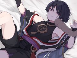  2boys arirurih artist_name bishounen black_bodysuit blue_eyes bodysuit commentary_request disembodied_hand genshin_impact highres holding_another&#039;s_wrist lying multiple_boys on_back pinned scaramouche_(genshin_impact) shorts smile teeth yaoi  rating:Questionable score:8 user:danbooru