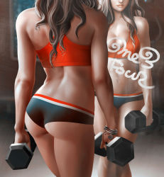  1girl ass ass_focus bad_id bad_pixiv_id bare_shoulders black_panties boots boyshort_panties boyshorts bracelet breasts brown_hair brown_lips character_request cleavage closed_mouth collarbone cowboy_shot dumbbell female_focus from_behind gradient_background groin gym head_out_of_frame highres holding indoors jewelry legs_together lipstick long_hair looking_at_mirror makeup medium_breasts midriff mirror navel navel_piercing one3four! original panties photorealistic piercing realistic reflection short_shorts shorts smile solo sports_bra tank_top thighhighs toned underwear wavy_hair 