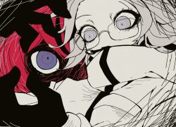  2boys akesenyou aotsuki_eito black_gloves black_streaks blue_eyes character_background glasses gloves grey_eyes grey_hair highres jacket looking_ahead looking_at_viewer male_focus multicolored_hair multiple_boys red_hair short_hair streaked_hair sumino_takumi the_hundred_line_-last_defense_academy- upper_body white_jacket 