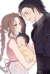  1boy 1girl 1other aerith_gainsborough armor baby bare_shoulders black_hair blush braid braided_ponytail brown_hair carrying carrying_baby carrying_person closed_mouth commentary_request couple crisis_core_final_fantasy_vii cross_scar dress earrings facial_scar father_and_child final_fantasy final_fantasy_vii from_side green_eyes hair_ribbon hand_on_another&#039;s_cheek hand_on_another&#039;s_face highres if_they_mated jewelry long_hair looking_at_another mother_and_child okusawa_ritsu open_mouth parted_bangs pink_dress pink_ribbon ponytail ribbed_sweater ribbon scar scar_on_cheek scar_on_face shoulder_armor sleeping sleeveless sleeveless_turtleneck smile spiked_hair stud_earrings suspenders sweater turtleneck turtleneck_sweater upper_body white_background zack_fair 