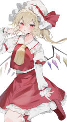  1girl absurdres ascot blonde_hair blush bohemian_archive_in_japanese_red breasts fang flandre_scarlet frills hat highres kneehighs long_sleeves medium_breasts mob_cap nail_polish puffy_sleeves red_eyes red_shoes red_skirt ribbon shoes simple_background skin_fang skirt socks solo sorani_(kaeru0768) standing standing_on_one_leg touhou white_background white_hat wings yellow_ascot 