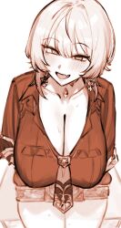  1girl :d absurdres blush breasts cleavage earrings fang highres jewelry large_breasts long_hair looking_at_viewer monochrome open_mouth original sitting skin_fang smile solo suisogenshi sweat 