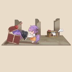  2girls absurdres artist_request black_skirt check_artist chibi closed_eyes from_side grey_background heart highres indie_virtual_youtuber lnpnyn1683915 mimic mimic_chest mother_and_daughter multiple_girls orange_skirt otsuka_ray purple_hair reika_(otsuka_ray) shirt short_sleeves simple_background skirt virtual_youtuber white_shirt 
