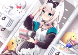 1girl absurdres animal_ears azur_lane bad_id bad_pixiv_id blue_eyes blush bow bowtie cat cat_ears choker clock desk drawer flag frilled_skirt frills hair_between_eyes hair_bow hair_ornament hairpin hammann_(azur_lane) highres kureha_(angelite) long_hair makeup manjuu_(azur_lane) mirror shirt skirt white_hair white_shirt white_skirt rating:Sensitive score:9 user:danbooru
