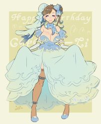  breasts brown_hair capcom chun-li cleavage clothes_lift dress dress_lift hair_ribbon highres large_breasts necktie ribbon simple_background street_fighter thighhighs y.o_(chuchu)  rating:Sensitive score:21 user:King_Kracker