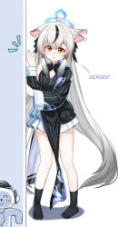  1boy 1girl absurdres animal_ear_fluff animal_ears black_coat black_dress black_socks blue_archive blue_halo bow china_dress chinese_clothes coat commentary_request dress ear_wiggle frilled_skirt frills full_body gradient_hair grey_hair hair_between_eyes hair_bow hair_ribbon halo hiding highres knocking kokona_(blue_archive) long_hair long_sleeves looking_at_viewer low_twintails multicolored_hair open_clothes open_coat orange_eyes parted_lips pelvic_curtain ribbon shangdi_de_fa_zhang sidelocks simple_background skirt socks standing streaked_hair sweatdrop tiger_ears tiger_girl twintails two-tone_hair white_background white_skirt 