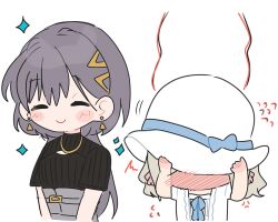  2girls ^_^ black_sweater ceras_yanagida_lilienfeld ceras_yanagida_lilienfeld_(summer_casual) chibi chibi_only cleavage_cutout closed_eyes closed_mouth clothing_cutout col_person commentary covering_face dress earrings embarrassed grey_hair grey_skirt hair_ornament hair_ribbon hat hat_over_eyes head_steam jacket jewelry katsuragi_izumi katsuragi_izumi_(summer_casual) link!_like!_love_live! long_hair love_live! multiple_girls official_alternate_costume open_clothes open_jacket pink_ribbon ribbon short-sleeved_jacket short-sleeved_sweater short_sleeves simple_background skirt smile sparkle sweater symbol-only_commentary triangle_earrings triangle_hair_ornament virtual_youtuber white_background white_dress white_hat white_jacket wolf_cut 