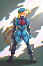  1girl absurdres arms_at_sides artist_name ass beret black_boots blonde_hair blue_bodysuit blue_eyes blue_hat bodysuit boots braid cammy_white chromatic_aberration clenched_hands closed_mouth commentary cosplay danderfull english_commentary from_behind hat highres long_hair looking_to_the_side low_twin_braids metroid muscular muscular_female nintendo profile samus_aran samus_aran_(cosplay) skin_tight solo standing street_fighter turning_head twin_braids very_long_hair zero_suit 