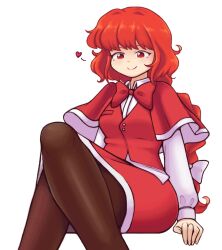  1girl bow bowtie brown_pantyhose buttons capelet collared_shirt crossed_legs hair_bow heart keb00b long_hair long_sleeves okazaki_yumemi pantyhose ponytail red_bow red_bowtie red_capelet red_eyes red_hair red_skirt red_vest shirt sitting skirt smile solo touhou touhou_(pc-98) vest white_background white_bow white_shirt white_trim 