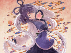  1girl arm_up black_skirt cowboy_shot falling_petals flower food fruit hisona_(suaritesumi) holding holding_food holding_fruit kaku_seiga long_sleeves looking_at_viewer medium_hair obi peach petals purple_hair purple_vest sash shawl shirt skirt smile solo standing touhou vest white_flower white_sash white_shawl white_shirt wind 