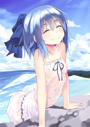 1girl aoi_(buzhuen444) arched_back bare_arms bloomers blue_hair blue_ribbon blue_sky breasts camisole cirno closed_eyes closed_mouth cloud cloudy_sky day female_focus hair_ribbon highres ice ice_wings outdoors ribbon see-through_clothes short_hair sky small_breasts smile solo touhou underwear water wet wet_clothes wet_hair wings rating:Questionable score:49 user:danbooru