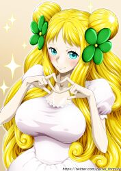  1girl alternate_form blonde_hair blue_eyes blush breasts curly_hair double_bun dress flower hair_bun hair_ornament highres long_hair looking_at_viewer mansherry nel-zel_formula one_piece own_hands_together smile solo sparkle very_long_hair 