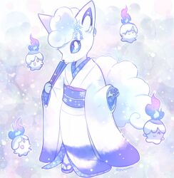  1girl alolan_form alolan_vulpix blue_eyes blue_fire bright_pupils closed_mouth commentary_request fire full_body furry gen_5_pokemon gen_7_pokemon hair_ornament holding japanese_clothes kimono litwick looking_at_viewer nintendo outline personification pokemon pokemon_(creature) purple_footwear purple_sash sandals sash smile snowflake_hair_ornament standing watermark white_kimono white_pupils wide_sleeves yajuuraku zouri  rating:General score:6 user:danbooru