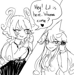 2girls antique_phone cellphone closed_mouth demon_girl demon_horns fins formal_clothes funamusea gallaxi genderswap genderswap_(mtf) gloves greyscale head_fins heart holding holding_phone horns ice_scream idate_(funamusea) long_hair low_twintails monochrome multiple_girls open_mouth orca_girl phone rotary_phone satanick_(funamusea) sketch skirt smartphone speech_bubble suit suspender_skirt suspenders twintails
