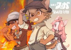  1girl 2boys animal_ears artist_name bandana brown_hat brown_pants cat_ears cat_girl cat_tail claws clenched_hand clenched_teeth commentary_request dog_boy dog_ears dog_tail flying_sweatdrops furry furry_female furry_male hand_on_own_hip hanna_fondant hat higashi_cc2 jin_macchiato little_tail_bronx looking_at_another looking_to_the_side malt_marzipan multiple_boys open_mouth pants senjou_no_fuuga shirt signature suspenders tail teeth topless_male translation_request white_shirt 