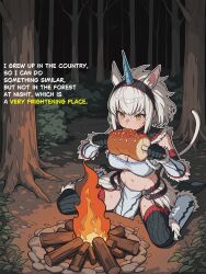  animal_ears armor belt breasts campfire cleavage forest gauntlet gloves hair_ornament highres horns inakamonor kirin kirin_(armor) midriff monster_hunter_(series) nature outdoors pelvic_curtain thighhighs thighs translated white_hair yellow_eyes  rating:General score:3 user:Loctekk