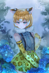  1girl absurdres ancolatte_(onikuanco) animal_ear_fluff animal_ears animal_print arizonan_jaguar_(kemono_friends) artist_name bare_shoulders blue_eyes blue_necktie blue_shirt breast_pocket brown_hair closed_mouth day double-parted_bangs eyebrows_hidden_by_hair flower fog fur_collar gloves hair_between_eyes hand_up highres hydrangea jaguar_ears kemono_friends leopard_print light_blush looking_at_viewer miniskirt multicolored_hair necktie orange_hair outdoors pocket print_gloves print_skirt rain raised_inner_eyebrows redrawn shirt shirt_tucked_in skirt sleeveless sleeveless_shirt solo suspenders water wet wet_clothes wet_face wet_gloves wet_hair white_hair 