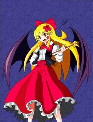  1girl bat_wings blonde_hair bow elis_(touhou) facial_mark fang flower hair_flower hair_ornament highly_responsive_to_prayers highres long_hair long_sleeves oni1994 open_mouth pointy_ears red_bow red_eyes ribbon shirt skirt smile solo star_(symbol) touhou touhou_(pc-98) vest wand wings 