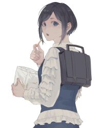  1girl :o backpack bag blue_eyes blue_hair collared_shirt commentary_request eating food food_packaging french_fries frilled_shirt frilled_sleeves frills from_behind fukurai_azami highres holding holding_food long_sleeves looking_at_viewer looking_back nono_(n0n0n0n0n_0) open_mouth shirt short_hair simple_background solo swept_bangs toshi_densetsu_kaitai_center upper_body white_background white_shirt 