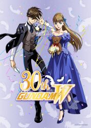 1boy 1girl alternate_costume anniversary artist_request black_jacket black_pants black_shoes blue_dress blue_eyes blue_necktie blue_ribbon blue_shoes brown_hair brown_vest closed_mouth collared_shirt commentary_request copyright_logo dress dress_shirt earrings formal_clothes full_body gown gundam gundam_wing hair_ribbon hand_up heero_yuy high_heels highres holding holding_stuffed_toy holding_teddy_bear jacket jacket_on_shoulders jewelry long_hair long_sleeves looking_at_viewer necktie off-shoulder_dress off_shoulder official_art open_mouth pants pumps purple_background relena_peacecraft ribbon shirt shoes short_hair side-by-side streamers stuffed_animal stuffed_toy suit suit_jacket teddy_bear vest white_shirt