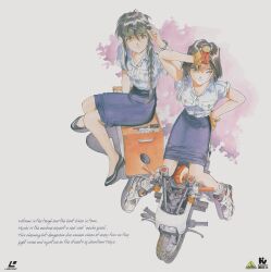  2girls absurdres black_hair glasses highres kobayakawa_miyuki long_hair motor_vehicle motorcycle multiple_girls official_art police police_uniform policewoman scan short_hair taiho_shichauzo tsujimoto_natsumi white_background  rating:General score:3 user:cancan11