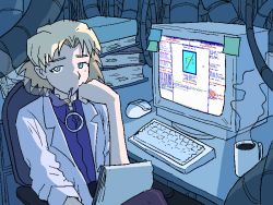 1990s_(style) 1girl akagi_ritsuko blouse blue_eyes chair cigarette coffee_mug computer computer_keyboard computer_mouse crt cup eyebrows_hidden_by_hair highres mole mole_under_eye mug neon_genesis_evangelion oekaki on_chair pixel_art psicochurroz purple_shirt retro_artstyle shirt smoke smoking temple_os templeos