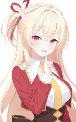  1girl :d amairo_islenauts arm_at_side blonde_hair blush braid breasts brown_corset collared_shirt commentary_request corset crossed_bangs crown_braid double-parted_bangs eyelashes finger_to_mouth flower hair_between_eyes hair_flower hair_intakes hair_ornament hair_over_shoulder hair_ribbon hand_up happy highres index_finger_raised jacket large_breasts long_hair long_sleeves looking_at_viewer megimegyo necktie one_side_up open_clothes open_jacket open_mouth pink_flower red_eyes red_jacket red_ribbon ribbon school_uniform shirley_warwick shirt simple_background smile solo straight_hair upper_body very_long_hair white_background white_shirt yellow_necktie 