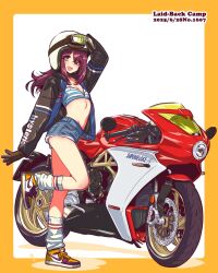  1girl 2025 :d arms_up black_gloves black_jacket blue_shorts blush border bra copyright_name dated denim denim_shorts flat_chest gloves goggles goggles_on_headwear hair_between_eyes helmet highres jacket jagi_(jagi_souken) legs_up long_hair long_sleeves looking_at_viewer loose_socks midriff motor_vehicle motorcycle motorcycle_helmet mv_agusta_superveloce navel open_clothes open_jacket open_mouth outside_border purple_hair shoes short_shorts shorts smile sneakers socks solo standing standing_on_one_leg stomach striped_bra striped_clothes toki_ayano underwear white_background white_socks yellow_border yellow_eyes yellow_shoes yurucamp 