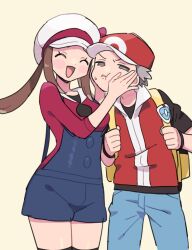 1boy 1girl :d ^_^ aged_up alternate_hair_length alternate_hairstyle annoyed backpack bag baseball_cap black_shirt blue_overalls blush bow breasts brown_eyes brown_hair newsboy_cap closed_eyes denim face_squeeze furrowed_brow grabbing_another&#039;s_face hand_on_another&#039;s_cheek hand_on_another&#039;s_face hat hat_bow hat_ribbon head_grab highres holding holding_bag hood hoodie jeans long_hair lyra_(pokemon) nintendo open_mouth overalls pants pokemon pokemon_frlg pokemon_hgss pumpkinpan red_(pokemon) red_hoodie red_vest ribbon shirt short_hair simple_background skirt smile sweatdrop thighhighs twintails v-shaped_eyebrows vest vs_seeker yellow_bag  rating:General score:8 user:danbooru