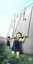 2girls bdsm black_hair bondage bound chain child gin_nasu multiple_girls open_mouth school_uniform source_request stocks trash rating:Sensitive score:54 user:demetrio-001000