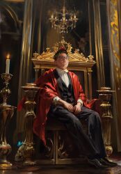  1boy absurdres black_hair black_pants black_shoes black_suit black_vest blue_butterfly bug butterfly candle candlestand chandelier clip_studio_paint_(medium) dress_shoes fire formal_clothes glasses highres indoors insect jacket laurel_crown male_focus original pants realistic red_robe rick_parsa robe shirt shoes short_hair sitting_on_throne skull solo suit suit_jacket throne very_short_hair vest white_shirt 