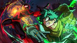  2boys 2kartz absurdres animal_print battle belt black_bodysuit bodysuit boku_no_hero_academia cape crossover dark_skin death_battle fighting freckles full_cowling_(boku_no_hero_academia) green_eyes green_hair highres marvel mask midoriya_izuku miles_morales multiple_boys print_bodysuit short_hair silk spider-man_(miles_morales) spider-man_(series) spider_print spider_web spider_web_print spiked_hair superhero_costume two-tone_bodysuit utility_belt very_dark_skin yellow_cape 