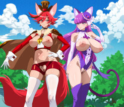 2girls animal_ears bar_censor blue_sky blush breasts breasts_out cape censored cleft_of_venus cloud crotchless crotchless_leotard crotchless_shorts cure_chocolat cure_macaron earrings elbow_gloves fake_animal_ears fake_tail female_pubic_hair fuooooo gloves hand_on_own_hip hat highres jewelry kenjou_akira kirakira_precure_a_la_mode kotozume_yukari large_areolae large_breasts leotard long_hair looking_at_viewer midriff multiple_girls navel nipples outdoors paid_reward_available precure pubic_hair purple_eyes purple_hair pussy red_eyes short_hair sky smile tail thighhighs top_hat very_long_hair white_gloves white_thighhighs rating:Explicit score:72 user:danbooru
