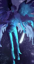  1boy black_hair black_shirt blood broken broken_weapon coat collared_shirt full_body glowing glowing_eyes holding holding_sword holding_weapon kim_dokja looking_at_viewer macaronijail male_focus multiple_wings nosebleed omniscient_reader&#039;s_viewpoint shirt shirt_partially_tucked_in sky solo space star_(sky) starry_sky sword torn_clothes walking weapon white_coat wings 