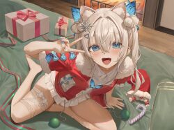  1girl animal_ear_fluff animal_ears arm_support barefoot blue_eyes blush box breasts butterfly_hair_ornament candy candy_cane christmas_ornaments collarbone fang feet female_focus fireplace food from_above gift gift_box gift_wrapping goddess_of_victory:_nikke hair_between_eyes hair_ornament highres hinaki_(hinaki_0102) indoors jewelry legs long_hair looking_at_viewer n102_(miracle_fairy)_(nikke) n102_(nikke) nail_polish no_footwear no_legwear no_shoes no_socks open_mouth ribbon ribbon_trim santa_costume shirt short_sleeves sidelocks sitting skirt small_breasts solo teeth thigh_strap thighlet thighs toes tongue upper_teeth_only v white_hair white_shirt white_skirt wrapped_up  rating:Sensitive score:103 user:bropee
