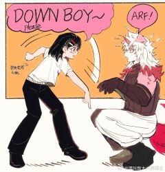 1boy arknights artist_self-insert black_pants black_shirt black_shoes blush chinese_commentary chinese_text colored_tips commentary_request down_boy!!_(meme) flying_sweatdrops from_side furry furry_male hair_ornament hairpin horns hung_(arknights) komainu_boy komainu_ears komainu_tail looking_at_another meme multicolored_hair multiple_hairpins open_mouth original pants pointing pointing_down profile round_eyewear s3zwrtdyqaewnci shirt shoes single_horn sleeveless sleeveless_shirt sound_effects speech_bubble squatting sweatdrop translation_request watermark weibo_watermark white_pants white_shirt 