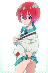  1girl amate_yuzuriha aqua_shirt aqua_skirt ass breasts breasts_out clothes_lift cowboy_shot fugetsu_taku gundam gundam_gquuuuuux highres looking_at_viewer nipples open_clothes open_shirt red_hair school_uniform shirt short_hair simple_background skirt skirt_lift small_breasts solo white_background 