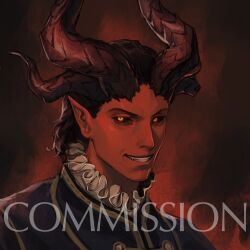  1boy baldur&#039;s_gate baldur&#039;s_gate_3 black_hair black_sclera collar colored_sclera commentary commission demon_boy demon_horns dungeons_&_dragons dungeons_&amp;_dragons english_commentary frilled_collar frills grey_jacket highres horns jacket looking_at_viewer male_focus orange_eyes parted_lips pointy_ears portrait raphael_(baldur&#039;s_gate) red_background short_hair smile solo tworain_w watermark 