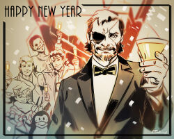  beard big_boss bird bokura_no_taiyou bow bowtie cigarette detective django_(boktai) emilio_lopez eyepatch facial_hair gillian_seed glass happy_new_year jehuty jonathan_ingram lisa_(p.t.) mecha metal_gear_(series) multiple_boys new_year party_popper penguin policenauts robot silent_hill_(series) silent_hills smile snatcher tuxedo zone_of_the_enders 