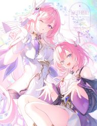  2girls bare_shoulders blowing_kiss blue_eyes breasts cyrene_(honkai:_star_rail) dress elysia_(herrscher_of_human:_ego)_(honkai_impact) elysia_(honkai_impact) gloves hair_between_eyes heart highres honkai:_star_rail honkai_(series) honkai_impact_3rd inoue_marina large_breasts long_hair long_sleeves looking_at_viewer multiple_girls off_shoulder one_eye_closed open_mouth parted_bangs pink_hair pointy_ears purple_eyes short_hair small_breasts smile toosaka_asagi voice_actor_connection white_dress white_gloves wide_sleeves 