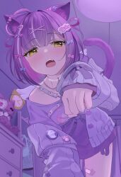  1girl animal_ears bandaid blush bow cardigan cat_ears chest_harness choker commentary_request fang hair_bow hair_ornament harness highres indoors looking_at_viewer mikan_2468 multicolored_hair open_mouth purple_hair purple_shirt shinomiya_runa shinomiya_runa_(4th_costume) shirt solo streaked_hair t-shirt tail teeth two-tone_hair upper_teeth_only virtual_youtuber vspo! white_choker white_hair x_hair_ornament yellow_eyes 