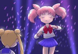  2girls bishoujo_senshi_sailor_moon blonde_hair blue_sailor_collar blue_skirt bow chibi_usa closed_eyes closed_mouth cone_hair_bun dancing double_bun earrings hair_bun highres himehachi_(hime8manga) jewelry long_hair long_sleeves meme miniskirt mother_and_daughter motion_lines multiple_girls red_bow sailor_collar school_uniform serafuku shikairo_days_dance_(meme) shikanoko_nokonoko_koshitantan shirt short_hair skirt smile tsukino_usagi twintails u_u v-shaped_eyebrows white_shirt 