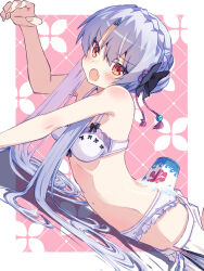  1girl :o akayama_yukihe arm_support bare_shoulders black_bow blue_hair blush border bow bra braid claw_pose commentary_request cowboy_shot crown_braid dutch_angle fang fingernails food food_on_ass frilled_panties frills from_side hair_bow hair_bun hair_ornament hair_spread_out hand_up highres long_hair looking_at_viewer lying navel on_stomach open_mouth outside_border panties pink_background red_eyes shadow shaved_ice sidelocks simple_background single_hair_bun skin_fang solo sorakado_ao straight_hair summer_pockets tassel tassel_hair_ornament underwear underwear_only v-shaped_eyebrows very_long_hair white_border white_bra white_panties 